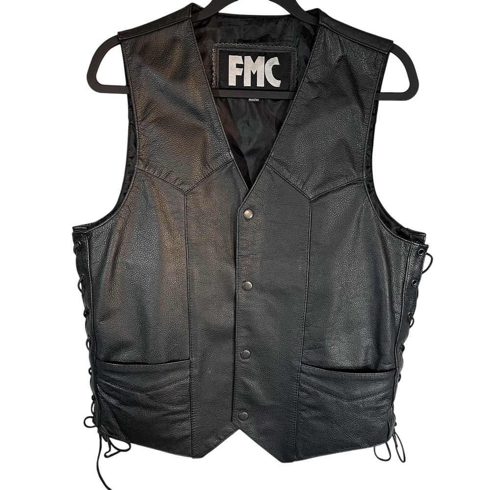 FMC Leather Motorcycle Vest Unisex Size 38 Snapdown Laced Sides Pockets Biker